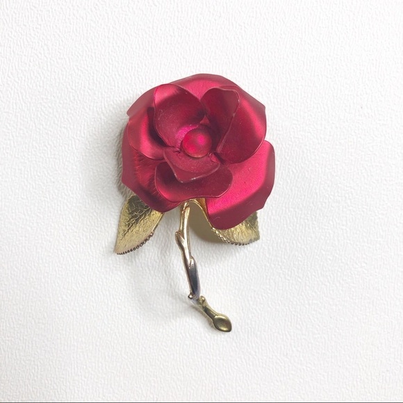 Vintage SATIN ENAMEL ROSE FLOWER BROOCH Signed USA - Picture 1 of 8